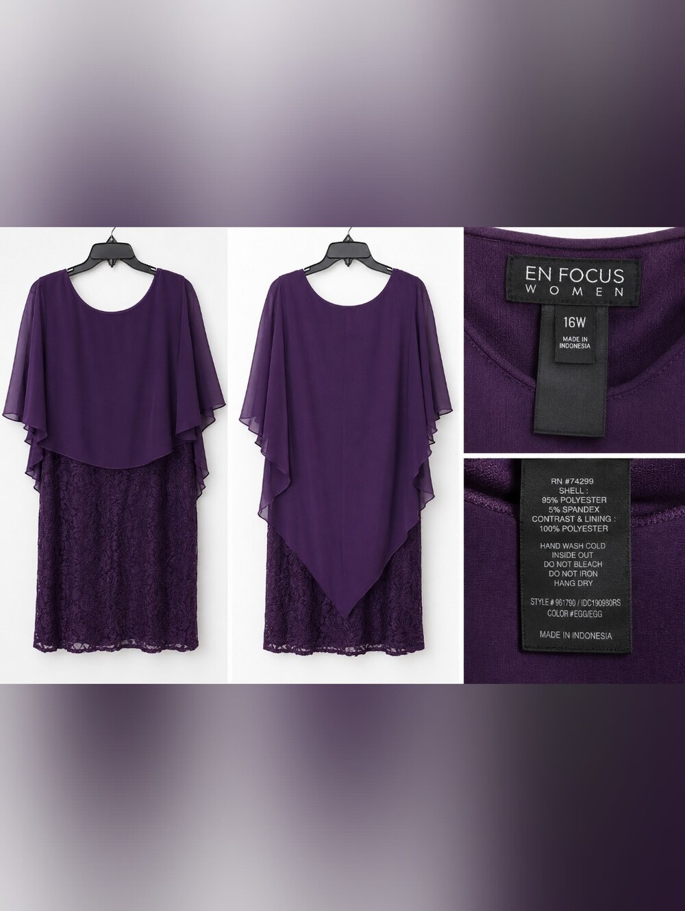 En Focus Women 16W Purple Lace Overlay Cocktail Party Sheath Dress Plus Size.